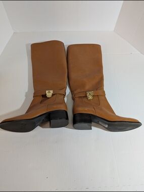 Michael Kors Cognac Leather Mid-Calf Heeled Boots with Gold MK
